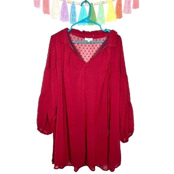 Umgee Swiss Dot Red Burgundy Boho Long Sleeve Tunic Dress Size Large - Picture 12 of 12